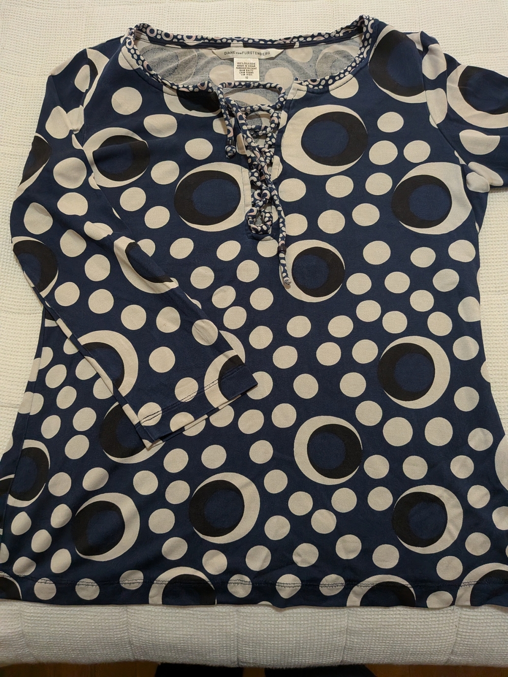 Diane Von Furstenberg Navy and White Polka Dot Lace-Up Long Sleeve Top